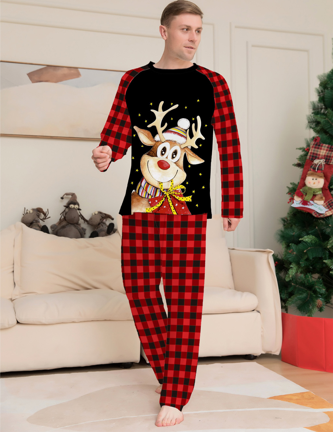 Jule tegneserie fawn ternet julefamiliekjole trykt hjemmekjole pyjamas_voghion.com
