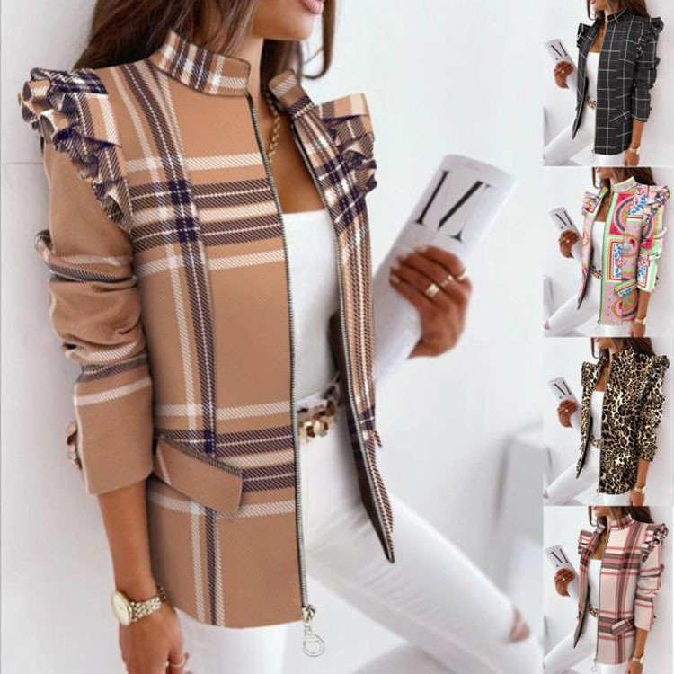 2026 Independent Site Wish Amazon Hot-Selling Autumn and Winter Ruffled Long-Sleeve Zip-Up Printed Blazer for Women