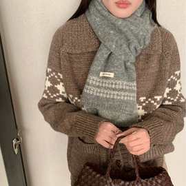 冬季费尔岛风羊毛混纺女款围巾雪花针织毛线百搭复古保暖软糯围脖