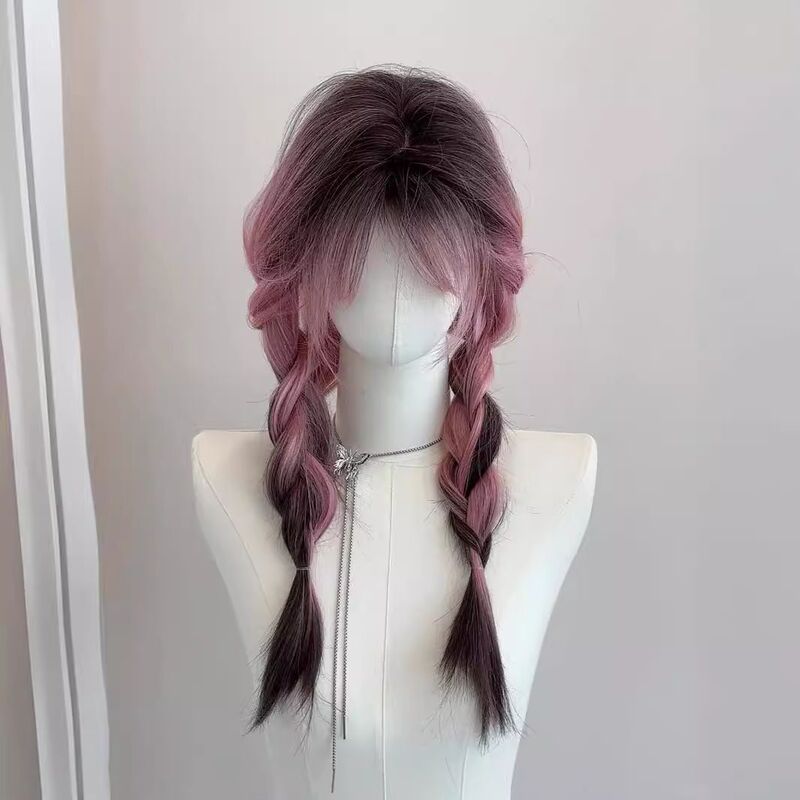 [Pink Version of Siamese Cat] Wig Female Full Head Pink Gradient Black High-Level Sense Simulated Human Long Straight Hair Full Headgear