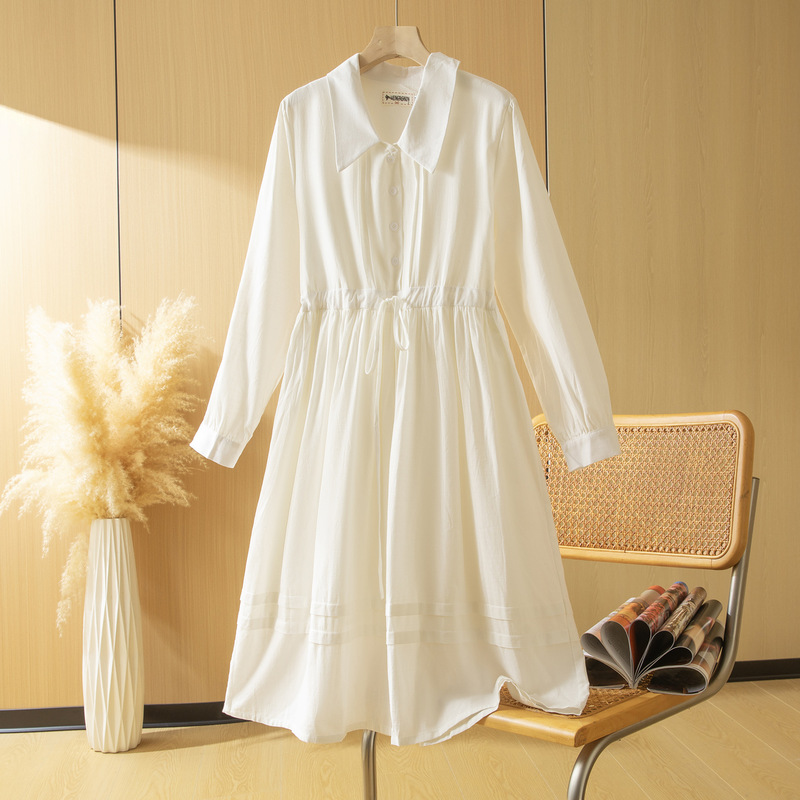 2025 New Women's Artistic and Sweet Waist-Cinching Long-Sleeved Dress Spring & Fall Loose Mid-Length Skirt White Can Be Tie-Dyed