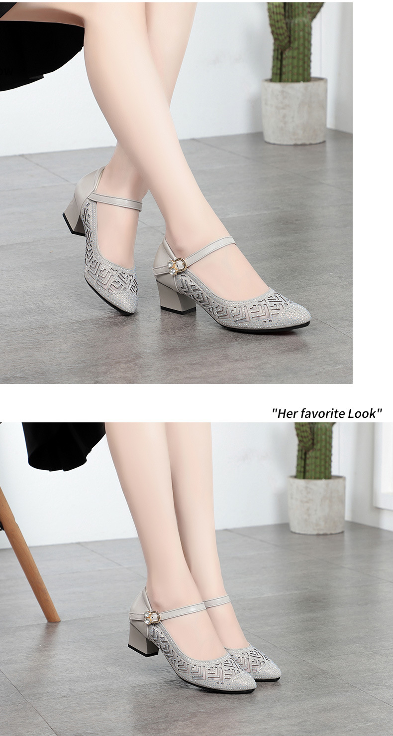 Sandal nữ da thật mũi kín lưới hở gót vuông ổn định — màu đen chi tiết 13