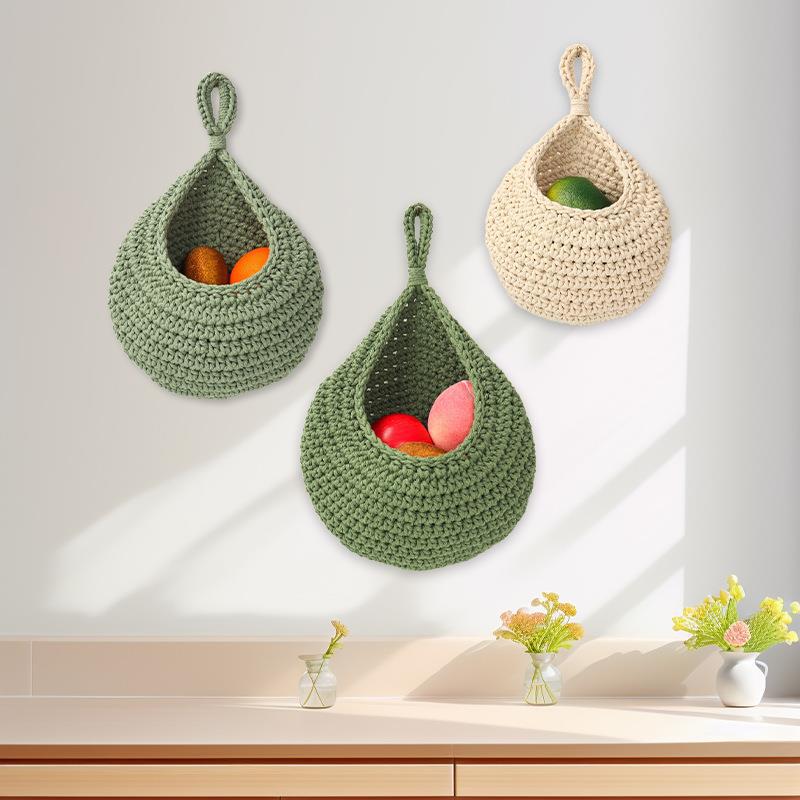 跨境棉绳水滴网兜手工编织墙壁鸟巢吊篮厨房挂墙水果蔬菜收纳网