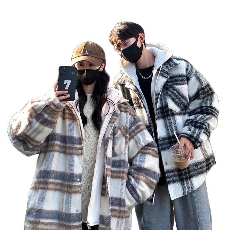 Chaqueta a cuadros de dos piezas falsa americana de moda nacional de nuevo estilo para hombre, chaqueta acolchada de algodón con capucha de lana retro gruesa y cálida para otoño e invierno