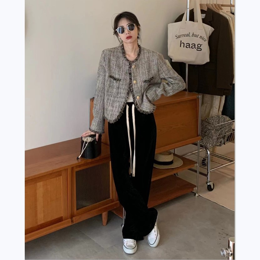 黑色丝绒 拖地阔腿裤加绒 一体绒女冬新款百搭显瘦高腰直筒休闲裤