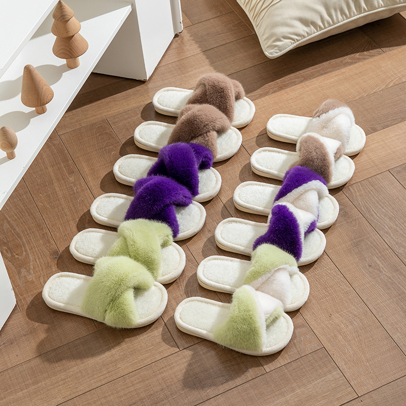 2024 Pantofole in peluche da pavimento incrociate invernali da donna in cotone per bambini e per uso domestico, antiscivolo_voghion.com