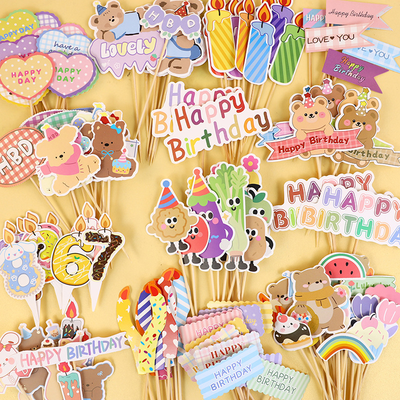 Trendy Instagram Heart Bear Cake Decoration Flag Cartoon Hbd Children's Happy Birthday Dessert Decoration Plug-In