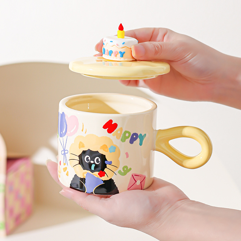 Caricatura encantadora gato cerámica taza de agua copas de alto valor caja de regalo regalo regalo de cumpleaños taza de desayuno
