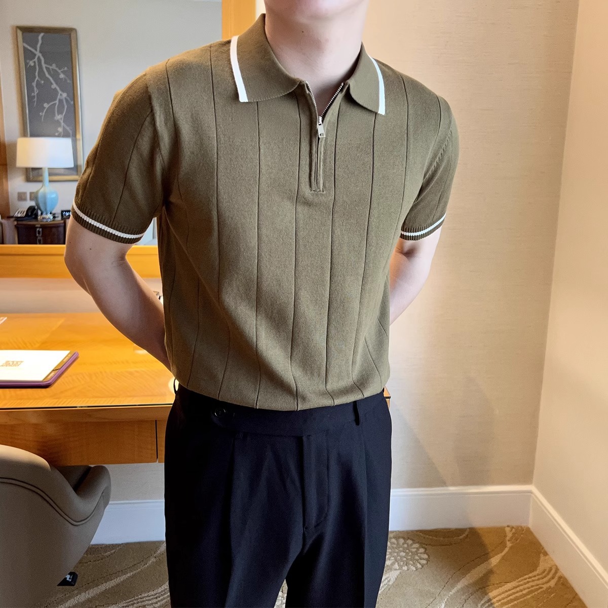 Polo de punto de manga corta para hombre con media cremallera y solapas, de lujo ligero, para negocios, venta al por mayor transfronteriza, de seda helada de secado rápido para verano