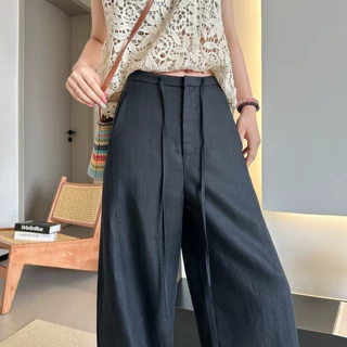 亚麻宽裤女夏季薄款莱赛尔天丝高腰垂感老钱风人字纹直筒休闲裤