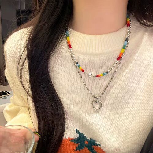 Ins style rainbow color crystal beaded smiley face love stacking set clavicle chain necklace female cute casual necklace