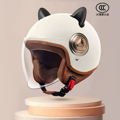 autumn and winter warm motorcycle retro — Motosiklet dəbilqələri - one-size-fits-all-new-national-standard-class-a-3c-certified-cute-ear-black-haoyue-white-long-mirror