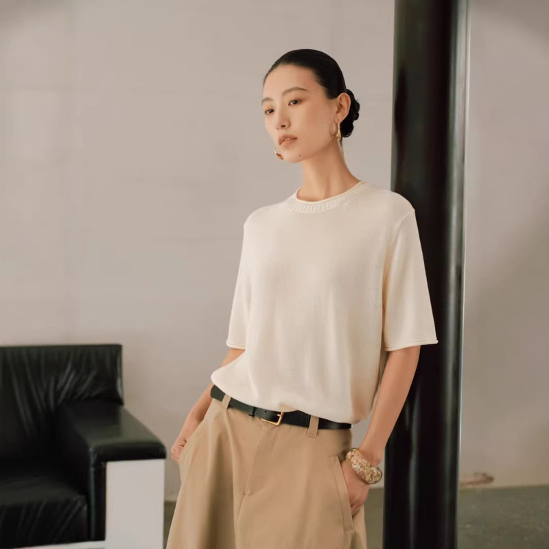 High-Quality Acetate Cotton! High-End Minimalist Style Round-Neck Loose-Fit Knit Top with Five-Quarter Sleeves, Row Style Oversized T-Shirt