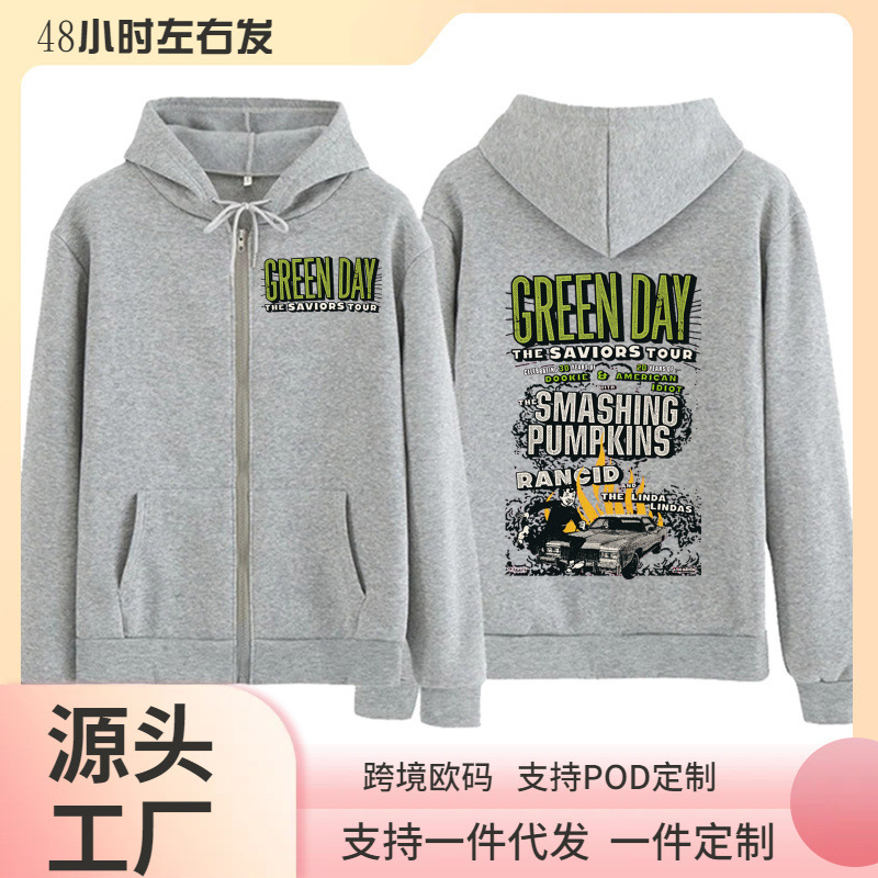 2024 Green Day Savior Zip Sweatshirt Harajuku Hip Hop Pullover Sweatshirts Polyester Spandex Lapel