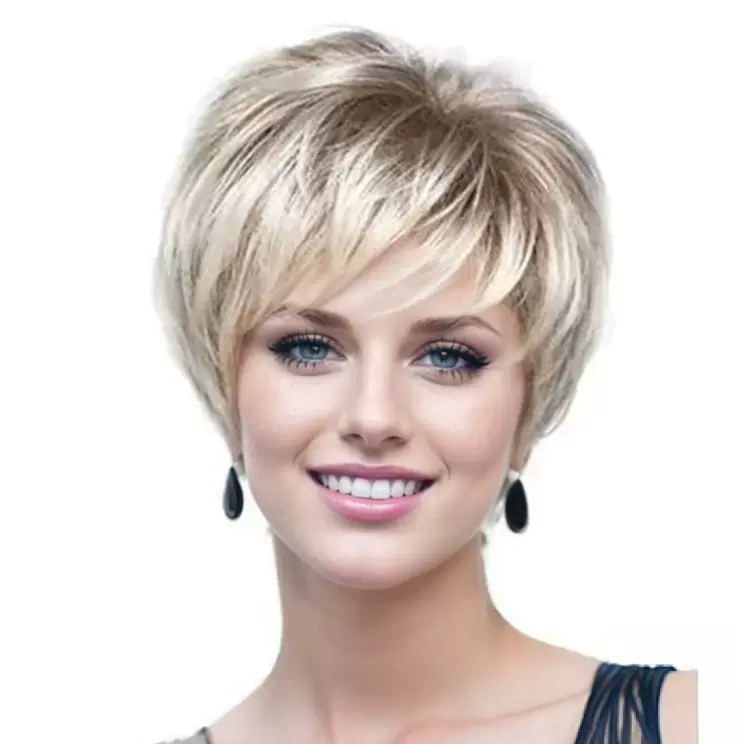 外贸女士短发蓬松渐变灰白色斜刘海假发玫瑰网一件代发自然渐变
