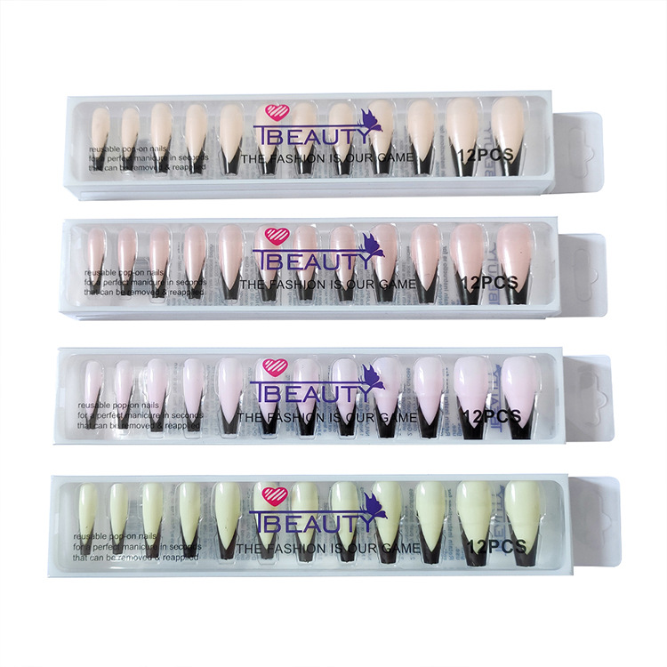 Parche de uñas postizas francés negro europeo y americano piezas de uñas para uñas 12 piezas de uñas portátiles superlargas en caja de plástico al por mayor nails