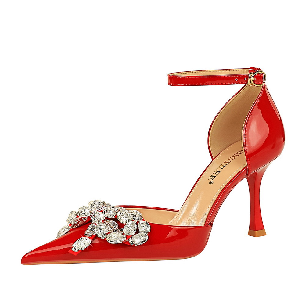 8323-H19 Banquet Women's Shoes Lacquer Leather High Heels, Shallow Mouth Pointed Hollow Rhinestone Bow Knot, Straight Line with Sandals