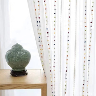 Nordic Style Living Room Embroidered Gauze Curtain Simple Floor-standing Bay Window Screen Finished Production Balcony Gauze Curtain Colorful Flowers Rainbow Rain