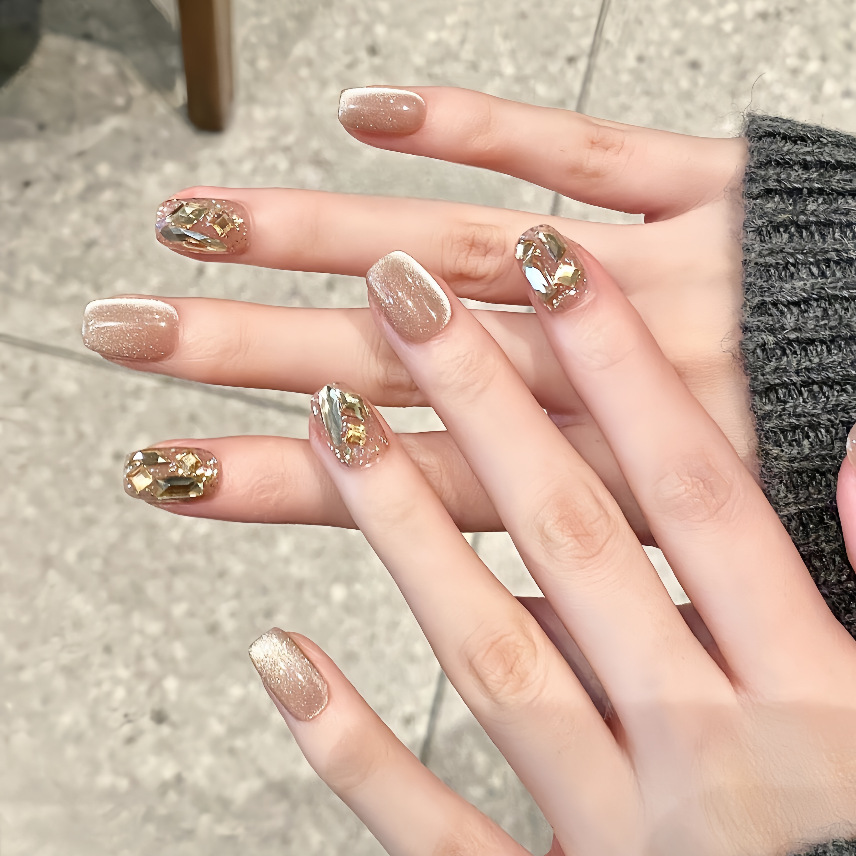 Manicura blanqueadora de otoño e invierno, uñas portátiles, nuevo color marrón té con leche, ojo de gato, manicura con diamantes completos, piezas de uñas terminadas, pegatinas de uñas brillantes