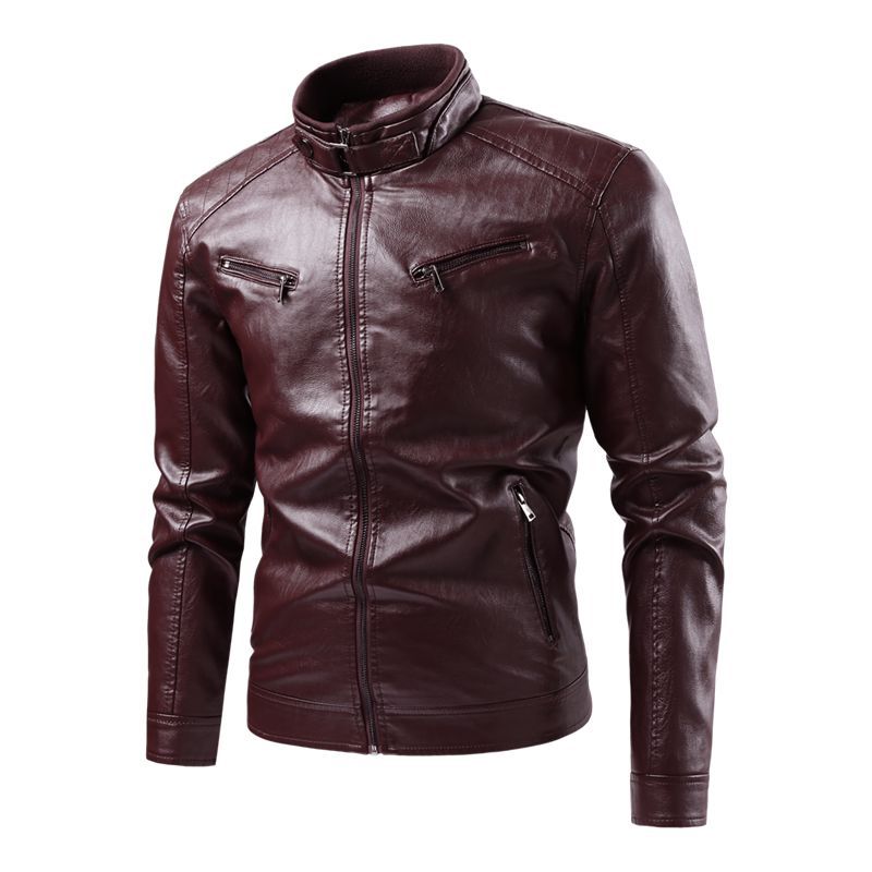 AliExpress Amazon primavera y otoño Delgado de los hombres del collar del soporte rayado doble cremallera PU chaqueta de cuero más tamaño de la motocicleta abrigo de cuero