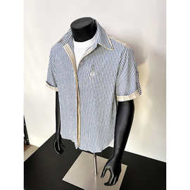 日系复古条纹衬衫韩系穿搭高级感短袖衬衣跨境加肥加大宽松版男装