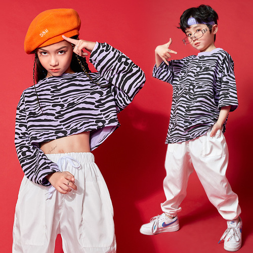 Girls dance suit Girls boys hiphop street rapper jazz dance outfitsperformances take handsome zebra pants jazz dance