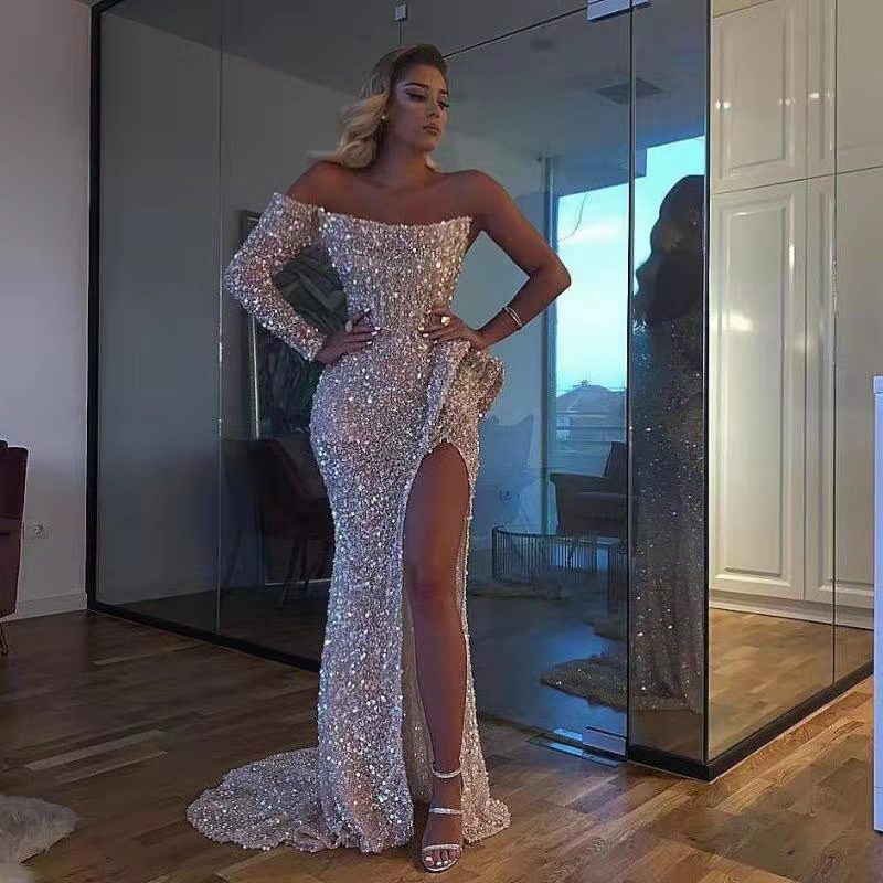 Wish Amazon ropa de mujer 2025 primavera y verano nuevo sexy vestido de trapeador de un solo hombro vestido de fiesta vestido de noche image 8