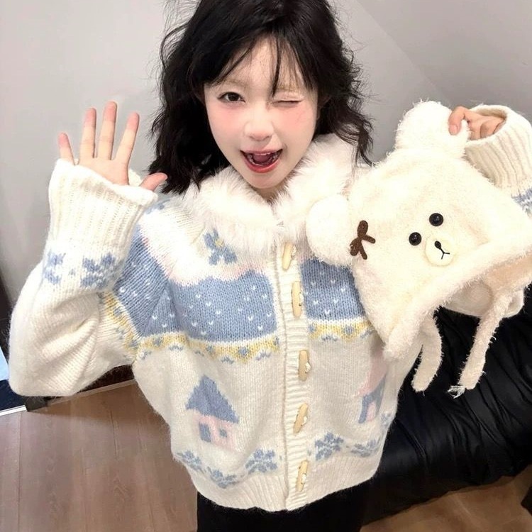 慵懒风费尔岛毛衣外套女秋冬牛角扣毛领连帽针织开衫宽松甜美上衣|undefined