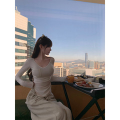CHICYOU 侧开叉v领口袋长袖套头打底衫内搭T恤上衣女
