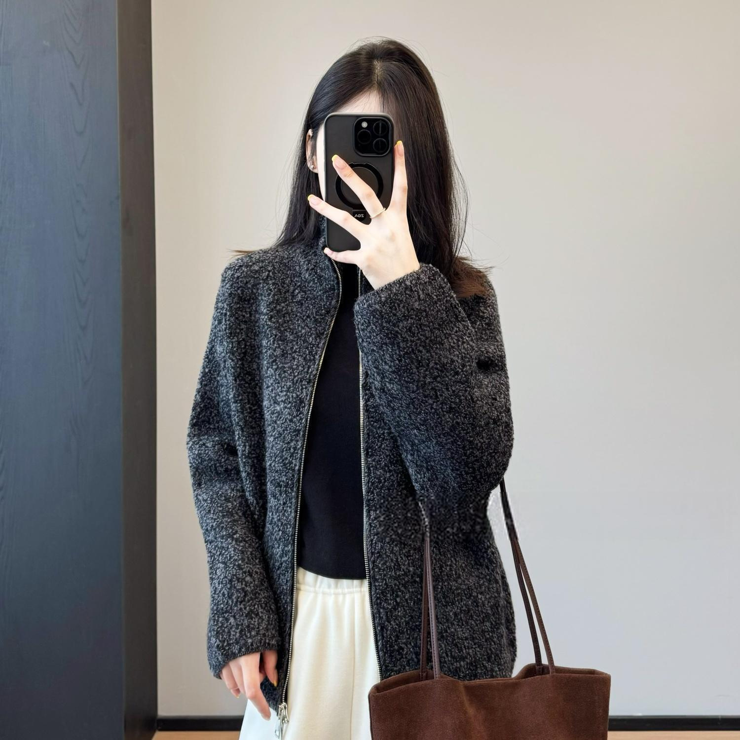 柜面精品款！100羊毛圈圈纱双头拉链立领显瘦保暖外套女25秋冬新