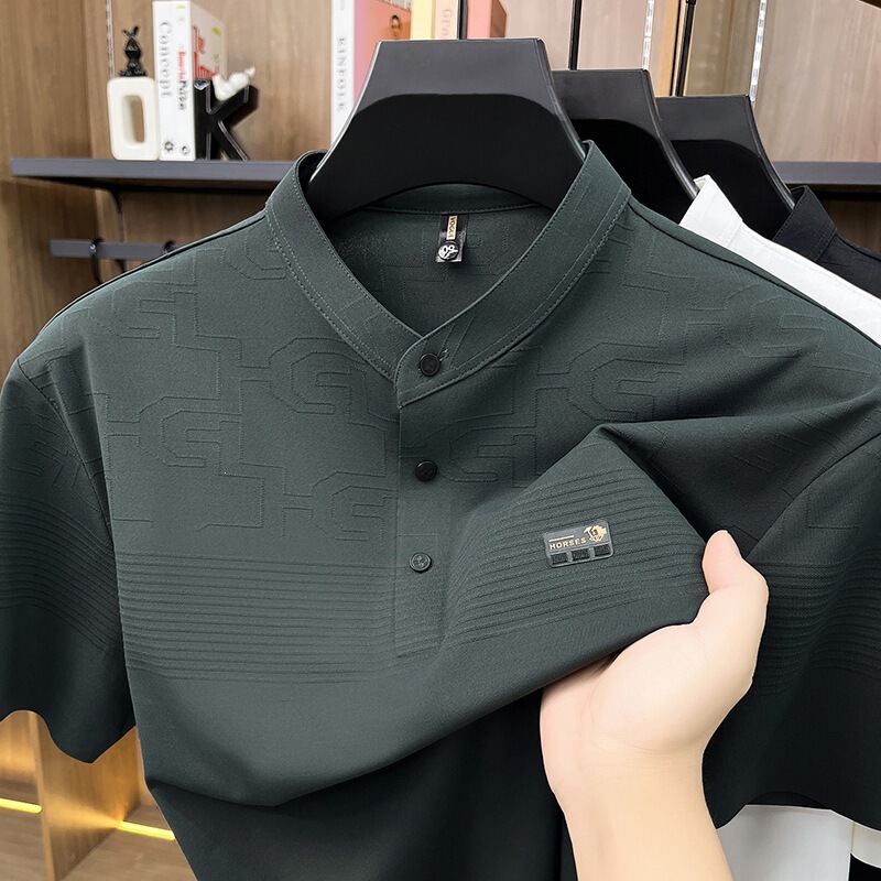 Cross-Border High-Quality Stand-Up Collar Short-Sleeved T-Shirt for Men, New Summer Style Jacquard Seamless Half-Sleeved Cool and Breathable Polo Shirt Cross-Border High-Quality Stand-Up Collar Short-Sleeved T-Shirt for Men, New Summer Style Jacquard Seamless Half-Sleeved Cool and Breathable Polo Shirt