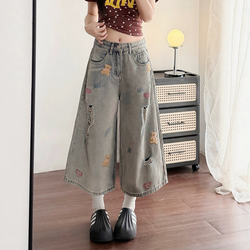 Little Bear Women's Summer Thin Cropped Jeans, 7/8 Length Wide-Leg Slimming Denim Pants, Straight-Leg Style