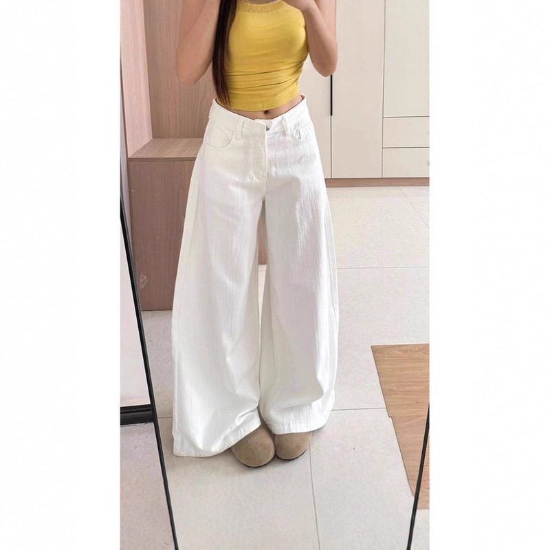 White Textured Wide-Leg Jeans for Women, Summer New High-Waisted Loose Slimming Drape Straight-Leg Floor-Length Pants