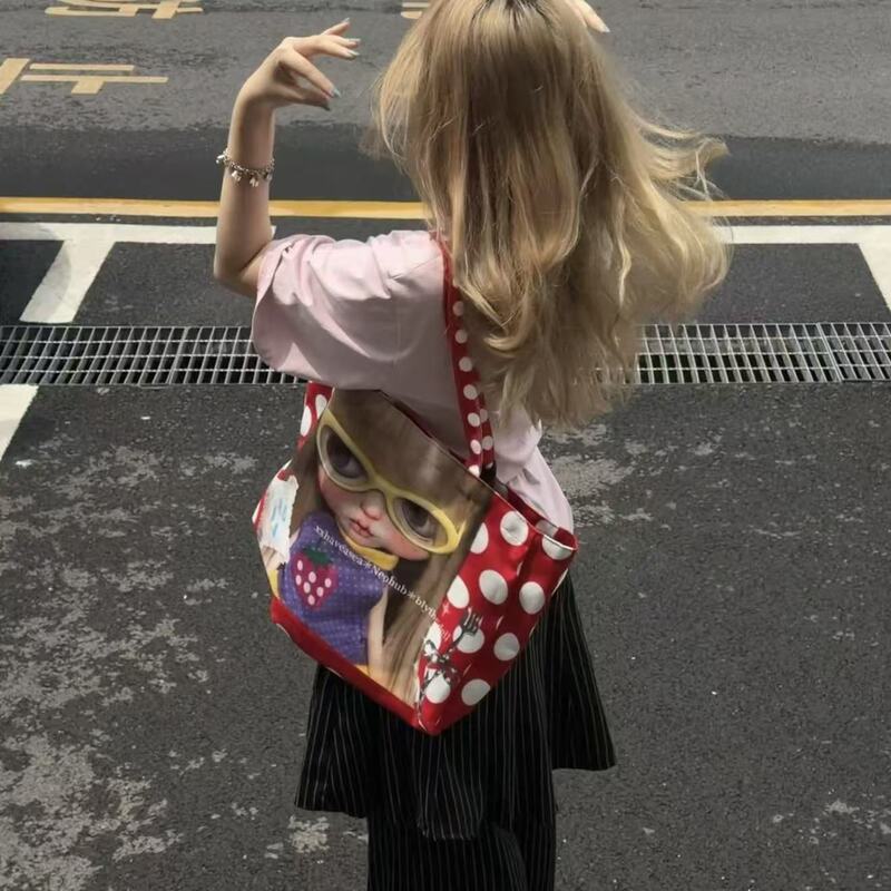 Red Polka Dot Blythe Doll Large Capacity Canvas Printed Shoulder Bag Underarm Handbag Cute Cartoon Bag Red Polka Dot Blythe Doll Large Capacity Canvas Printed Shoulder Bag Underarm Handbag Cute Cartoon Bag