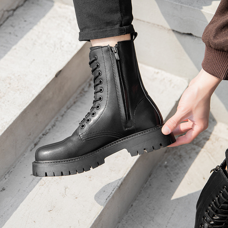 British Style Men's Black Martin Boots With Side Zip Workwear_voghion.com