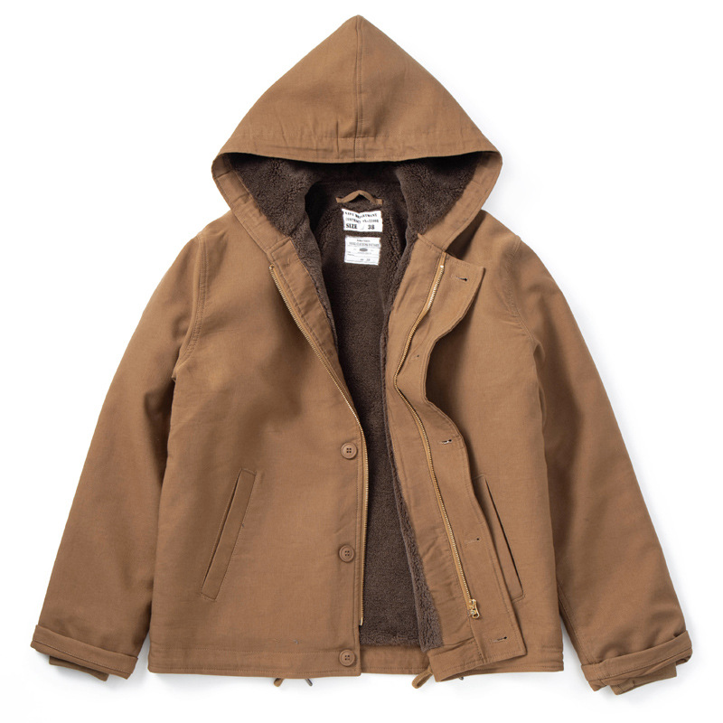 Ropa de trabajo retro de invierno ropa de algodón acolchado al aire libre N1 ropa de cubierta de moda forrada de lana engrosada ropa acolchada de algodón de los hombres abrigo de lana de cordero con capucha