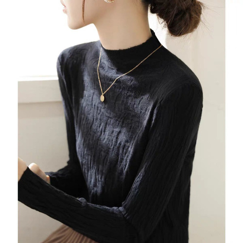 Women's Semi-High Collar Textured Knit Base Shirt with a Sense of Elegance for Autumn and Winter, Stylish and Comfortable for Inner Wear