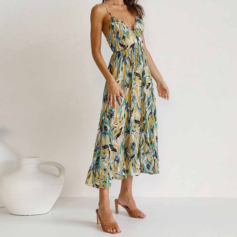 Women's Strap Dress Vacation V Neck Printing Sleeveless Plant Maxi Long Dress Holiday Daily display picture 3