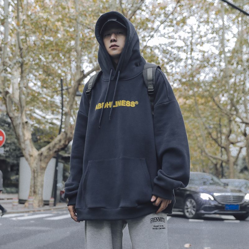 가을, 겨울 일본식 레터 스웨트 셔츠 남성용 루즈 탑 트렌디 브랜드 풀오버 후드 커플 캐주얼 벨벳 자켓 남성용