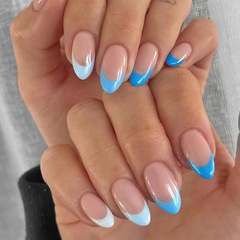 Mid-length French almond nails, summer fresh blue and white color, European and American ins style fake nails, finished mixed batch nails