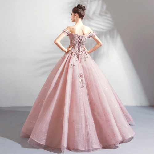 pink evening  dress pink flowers bride wedding toast stage arts exam wedding party banquet party singer host solo dress