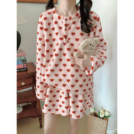 2025 韩国ins秋冬新款加绒加厚睡衣套装爱心长袖短裤居家服潮