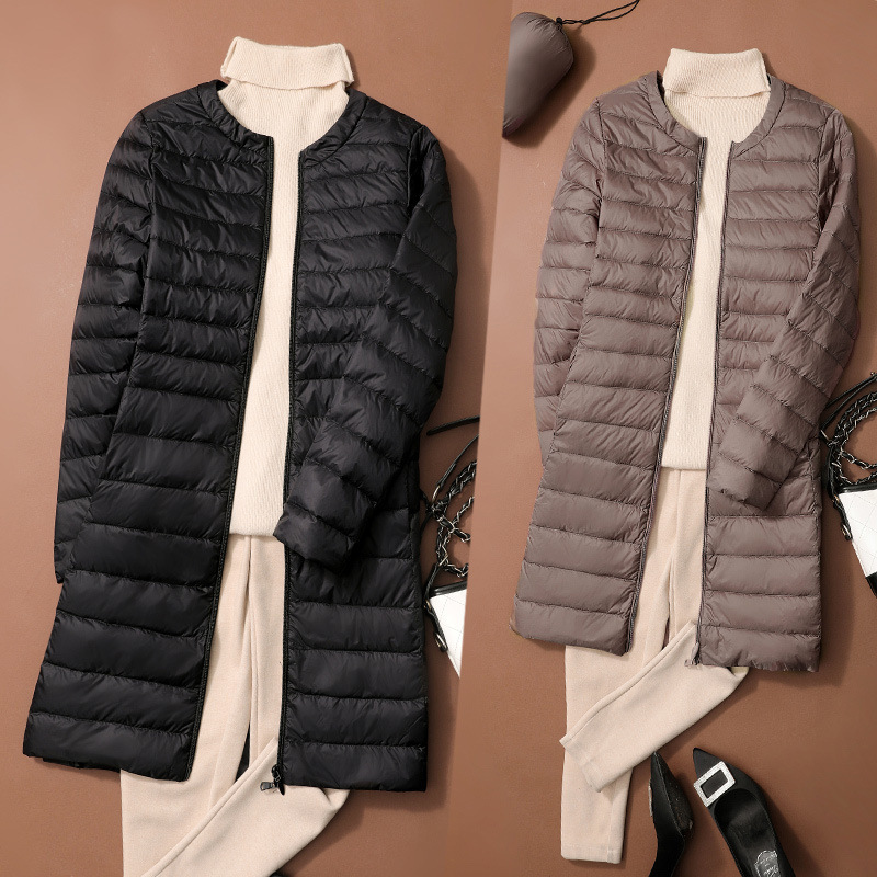 Japanese U Family Light Down Jacket Women's Mid-length Round Neck White Duck Down Long Sleeve plus size Light Down Liner Anti-season