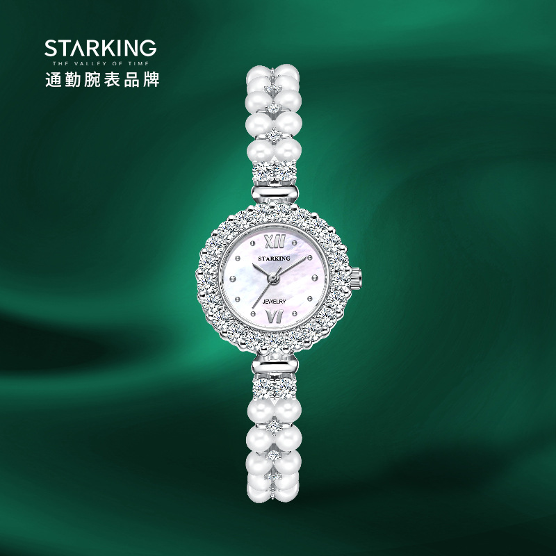 女士新中式装饰手表 白色天然淡水珍珠时尚圆形镶钻女表批发