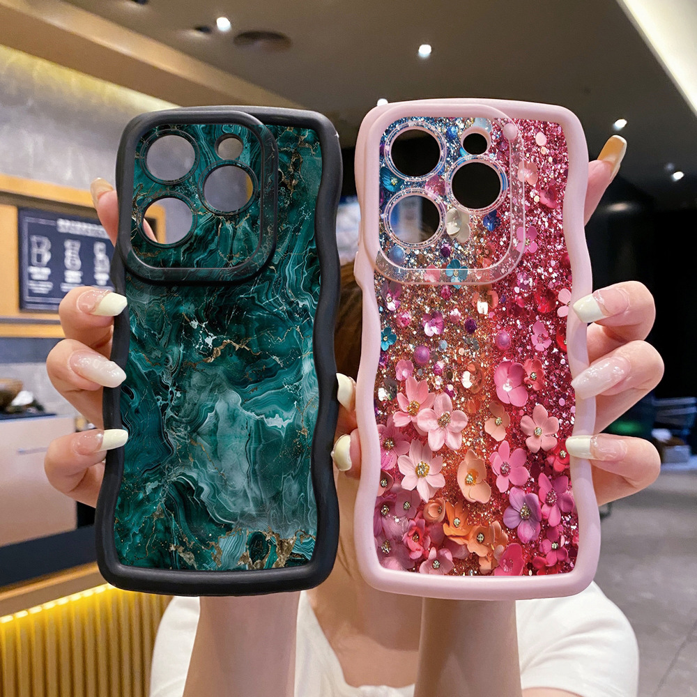 Case for Tecno Camon Pop Spark Cover Green Marble Sequin Floral Wave Edge Protection