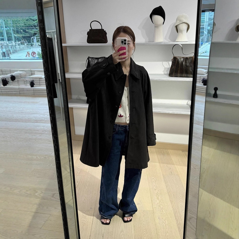 Spot Pure Color Lapel Mid-Length Leather Windbreaker for Women 2025 Korean Style High-End Loose Outwear Lowclass*C