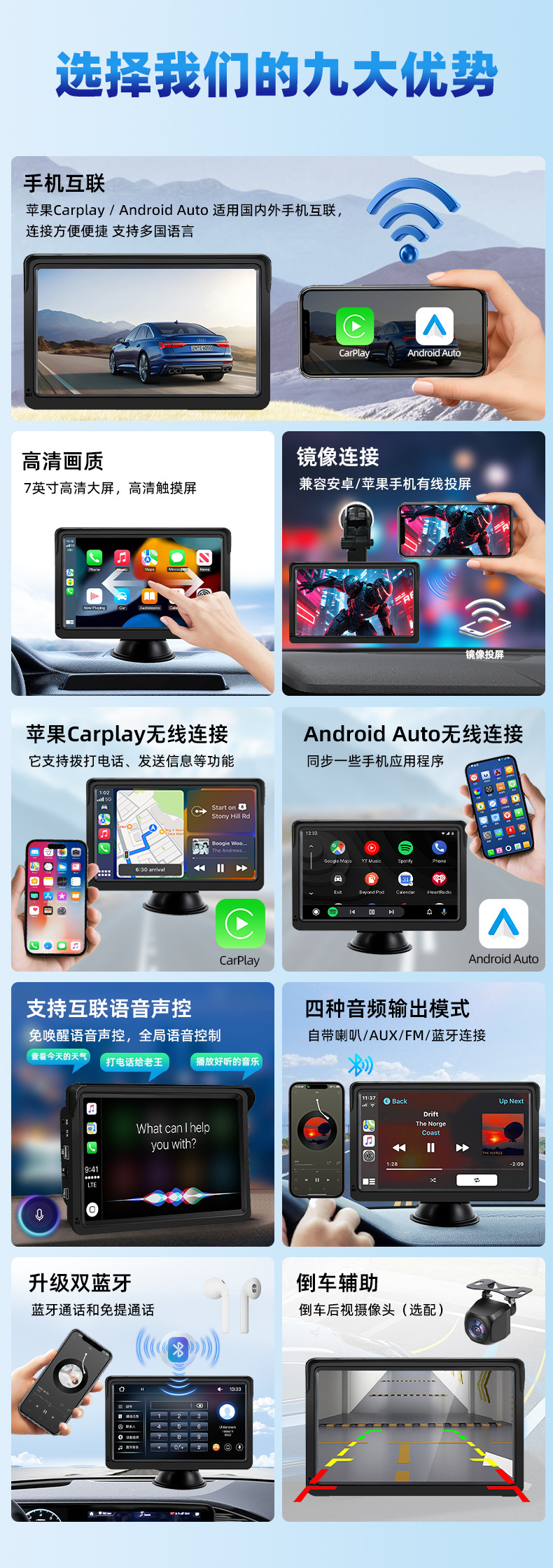 7inch Carplay Portable Navigation Auto Car Screen Projection Pnd Wireless Mp5 Bluetooth Player Reversing Image
