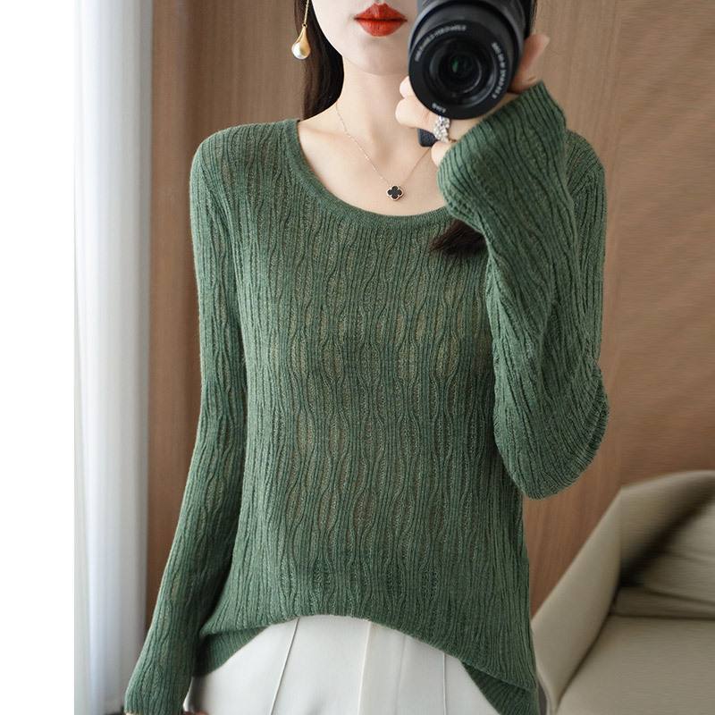 Cross-Border Spring New Women's Sweater, Loose Low Round Neck, Long Sleeve Pullover, Korean Style, Hollow Thin Base Layer, Stylish Knit