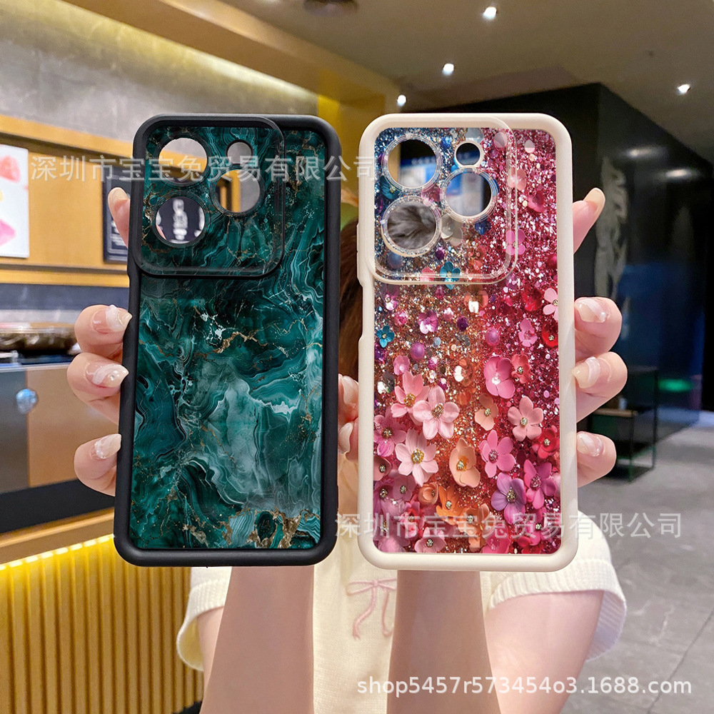 Suitable for Infinix Protective Case Green Marble Sequin Floral Emery Mobile Phone Protective Case