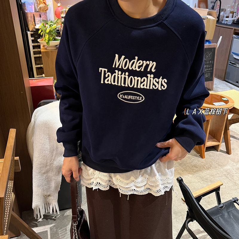 Winter American Style Vintage Academy Style Composite fleece-lined Sweat Embroidered Three-Dimensional Letters Round Neck Loose Casual Women's Raglan